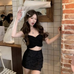 吊带露脐交叉上衣+花纹高腰裤裙套装